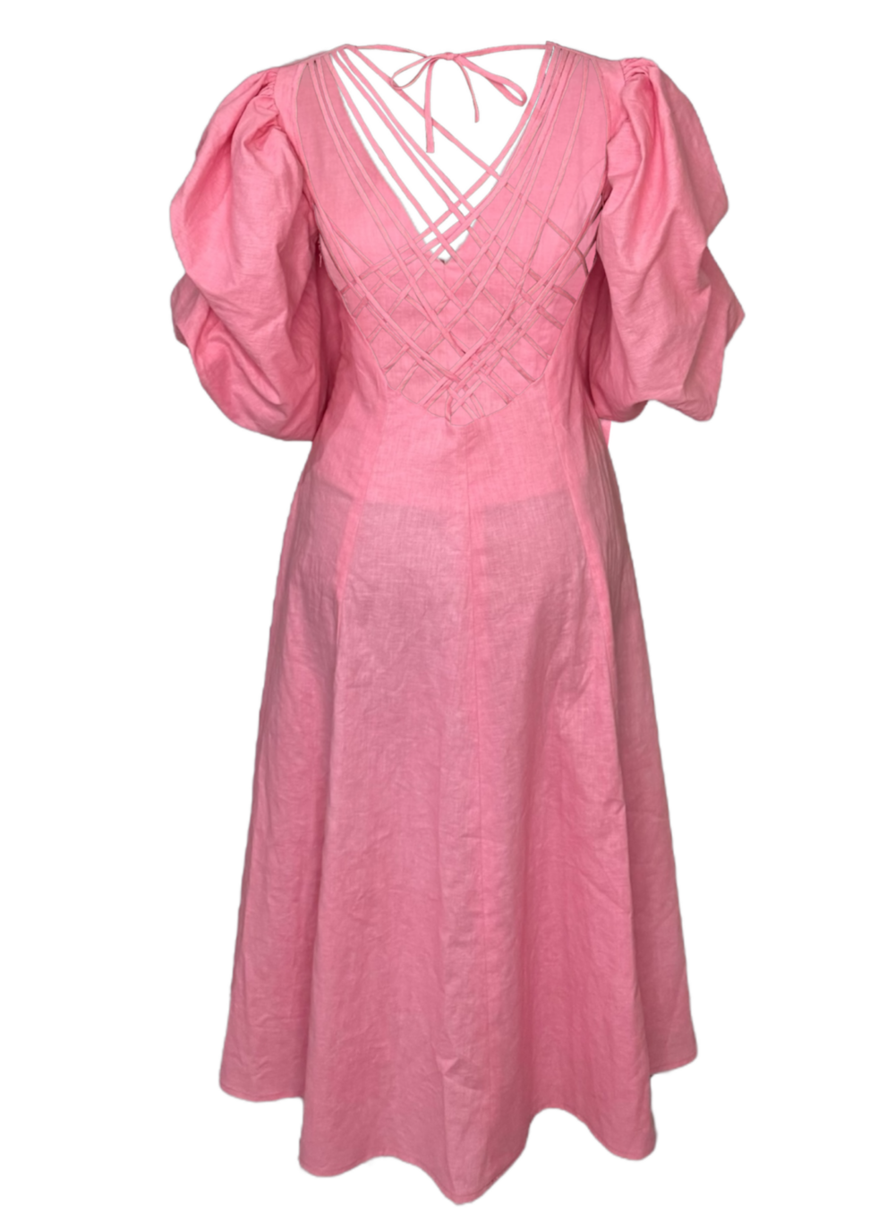 Vestido de Lino corte en A con cintas cruzadas en espalda y mangas bombachas - Image 2